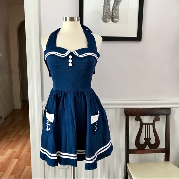 Hell Bunny Vixen Dresses & Skirts - Hell Bunny Vixen blue pin up sailor dress w/skulls